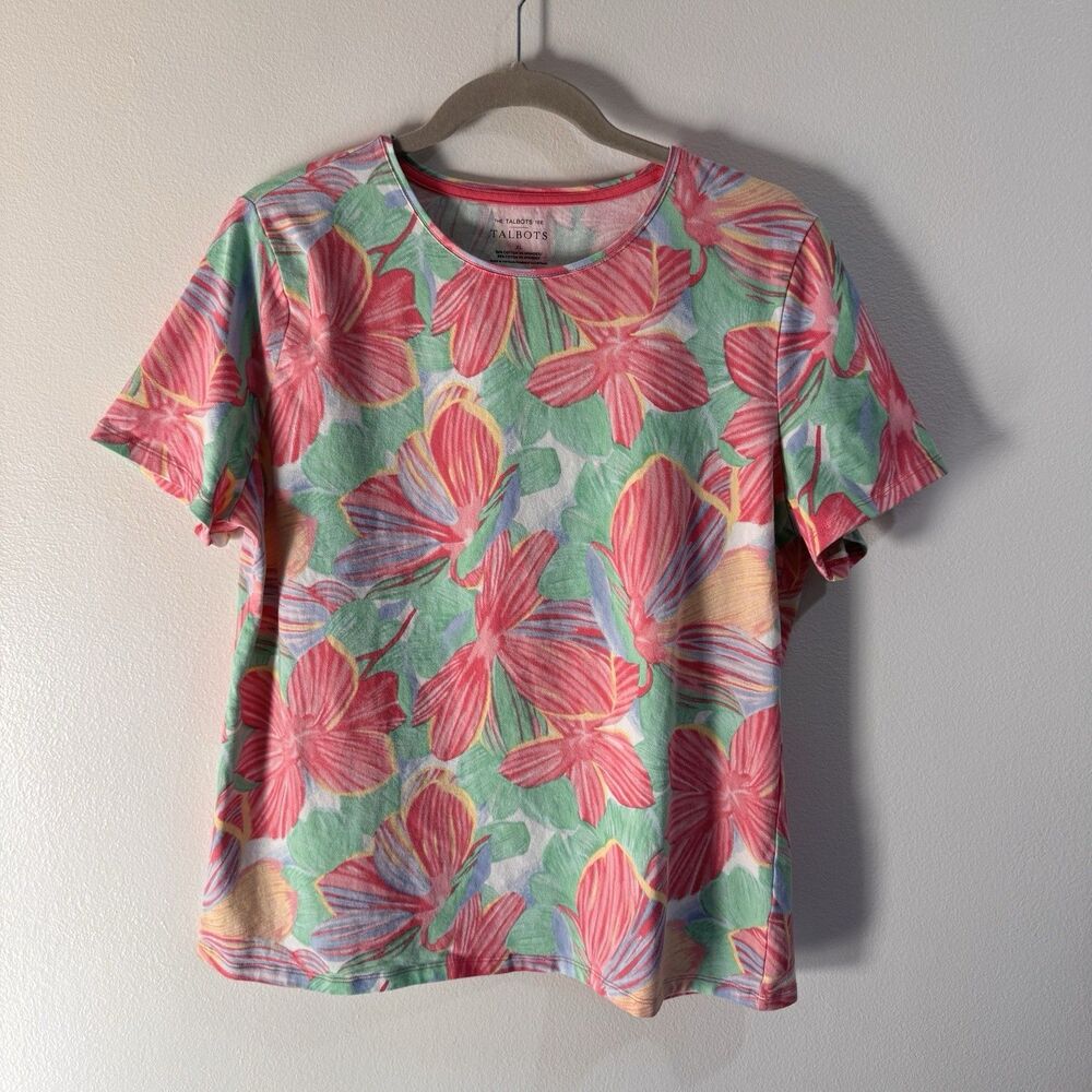 The Talbots Tee T-shirt XL Floral Tropical Pastel Crewneck Cotton Stretch Preppy
